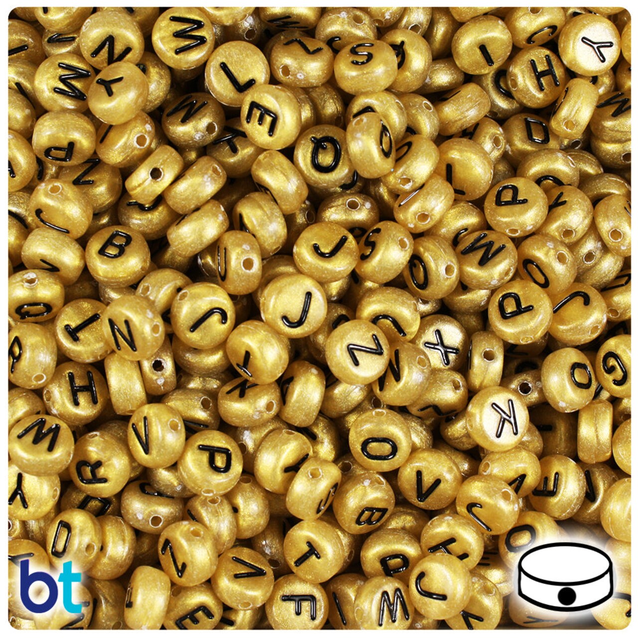 BeadTin Gold Pearl 7mm Coin Plastic Alpha Beads - Black Letter Mix (250pcs)